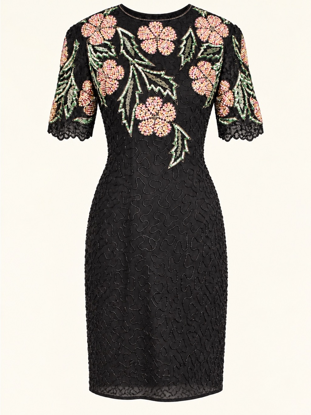 Vintage 80s Scala Hand Beaded Floral Art Deco Silk Cocktail Dress Size 6